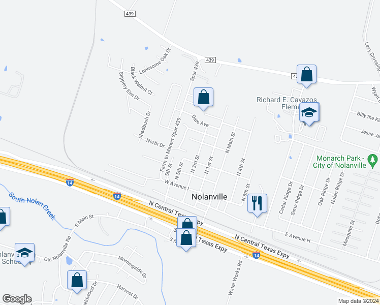 map of restaurants, bars, coffee shops, grocery stores, and more near 400 Topeka Court in Nolanville