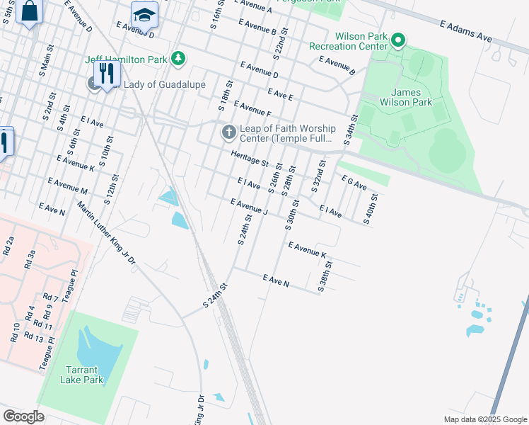 map of restaurants, bars, coffee shops, grocery stores, and more near 1503 East Avenue J in Temple