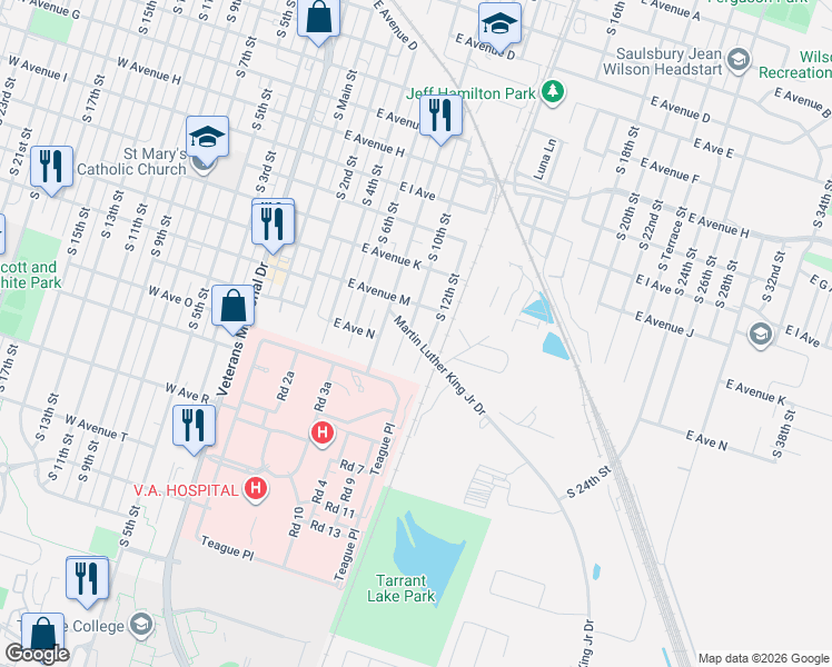 map of restaurants, bars, coffee shops, grocery stores, and more near 1302 South 12th Street in Temple
