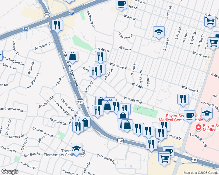 map of restaurants, bars, coffee shops, grocery stores, and more near 2301 South 55th Street Terrace in Temple