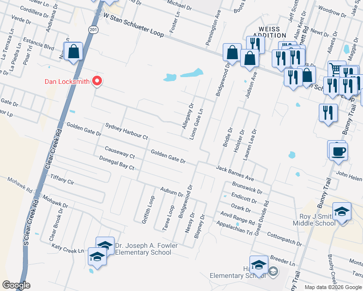 map of restaurants, bars, coffee shops, grocery stores, and more near 4408 Sydney Harbour Court in Killeen