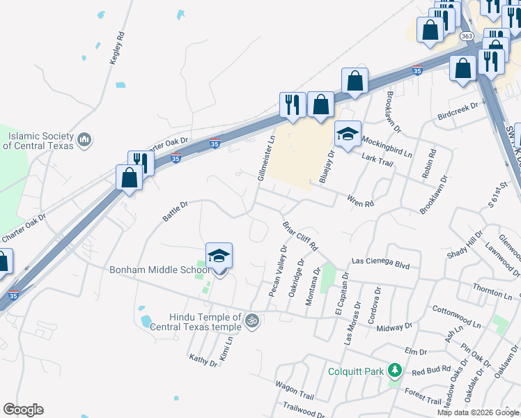 map of restaurants, bars, coffee shops, grocery stores, and more near 4500 Arrowhead Drive in Temple