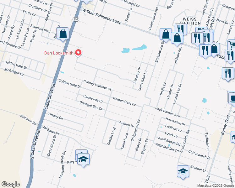 map of restaurants, bars, coffee shops, grocery stores, and more near 4708 Golden Gate Drive in Killeen