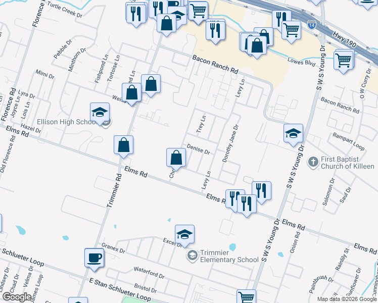 map of restaurants, bars, coffee shops, grocery stores, and more near 3609 Julia Lane in Killeen