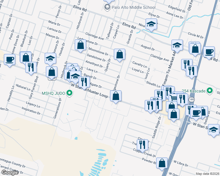 map of restaurants, bars, coffee shops, grocery stores, and more near 4610 Ledgestone Drive in Killeen