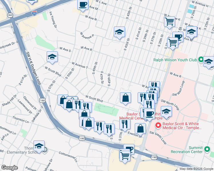 map of restaurants, bars, coffee shops, grocery stores, and more near 2201 South 45th Street in Temple