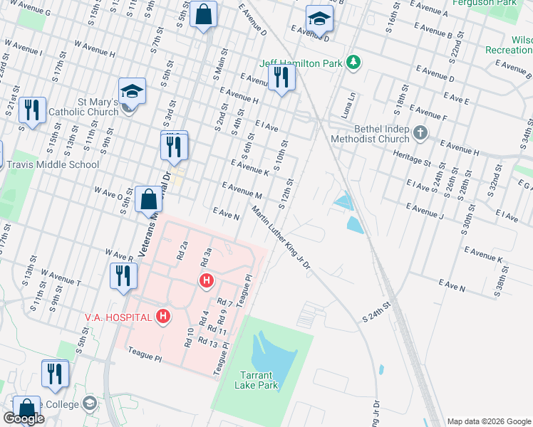 map of restaurants, bars, coffee shops, grocery stores, and more near 1302 South 12th Street in Temple