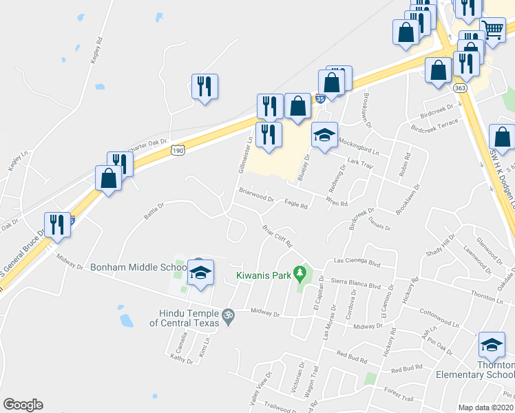 map of restaurants, bars, coffee shops, grocery stores, and more near 4421 Briarwood Drive in Temple