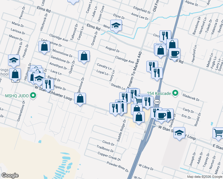 map of restaurants, bars, coffee shops, grocery stores, and more near 1200 Vanguard Lane in Killeen
