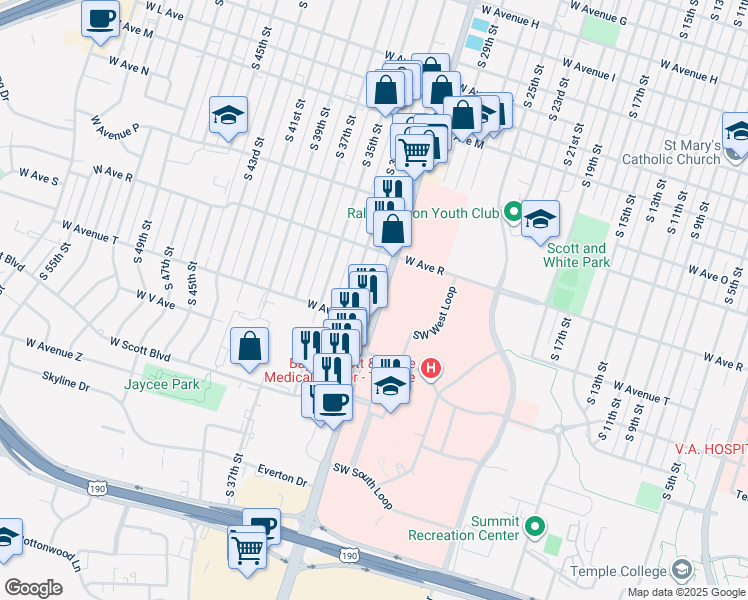 map of restaurants, bars, coffee shops, grocery stores, and more near 1912 South 31st Street in Temple