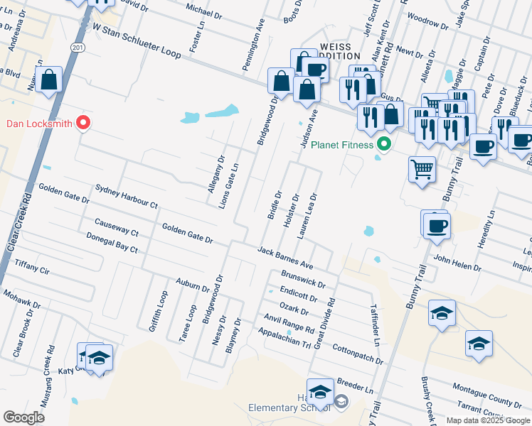 map of restaurants, bars, coffee shops, grocery stores, and more near 5302 Williamette Lane in Killeen