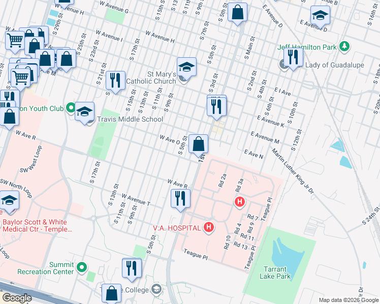 map of restaurants, bars, coffee shops, grocery stores, and more near 1506 South 3rd Street in Temple