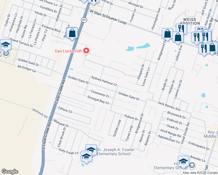 map of restaurants, bars, coffee shops, grocery stores, and more near 4907 Sydney Harbour Court in Killeen
