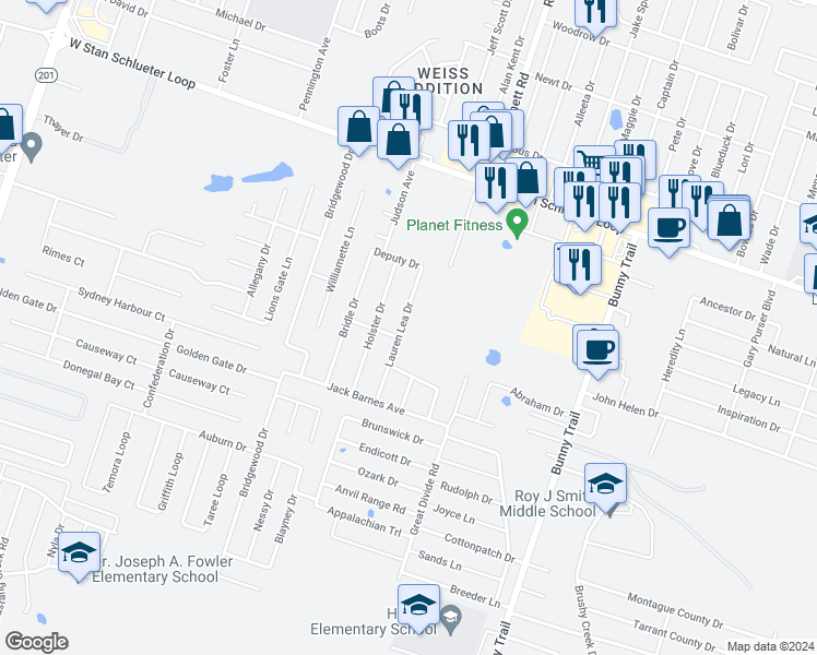 map of restaurants, bars, coffee shops, grocery stores, and more near 5300 Lauren Lea Drive in Killeen