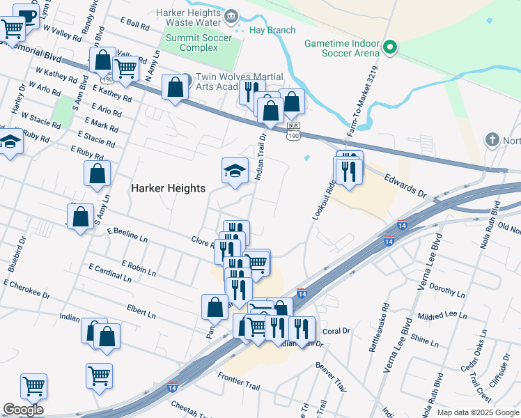 map of restaurants, bars, coffee shops, grocery stores, and more near 329 Indian Trail in Harker Heights