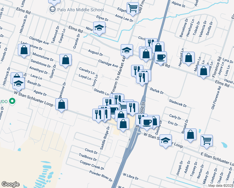map of restaurants, bars, coffee shops, grocery stores, and more near 1110 Leslie Circle in Killeen