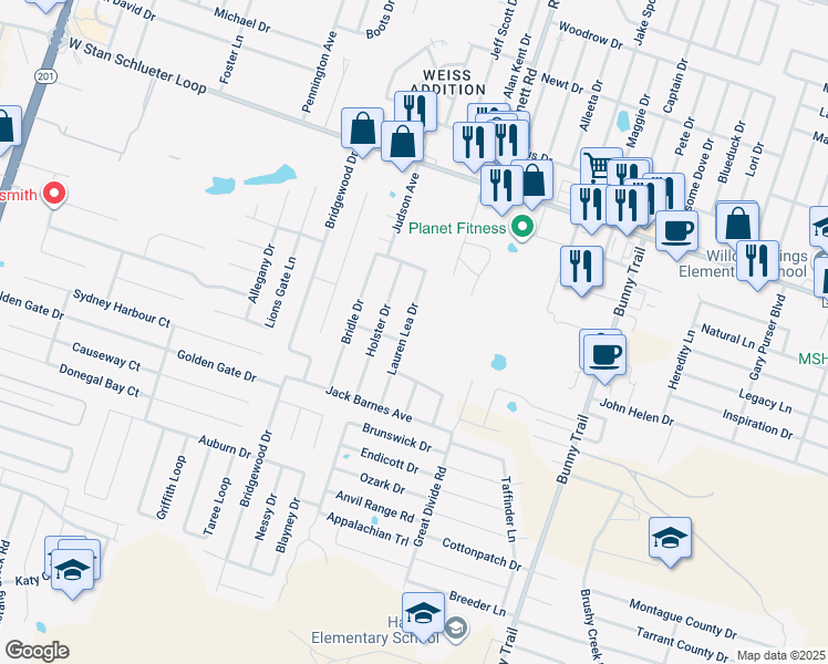 map of restaurants, bars, coffee shops, grocery stores, and more near 5205 Lauren Lea Drive in Killeen