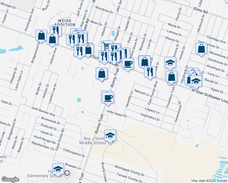 map of restaurants, bars, coffee shops, grocery stores, and more near 5300 Bunny Trail in Killeen