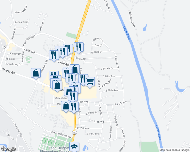 map of restaurants, bars, coffee shops, grocery stores, and more near 2804 North Beal Street in Belton