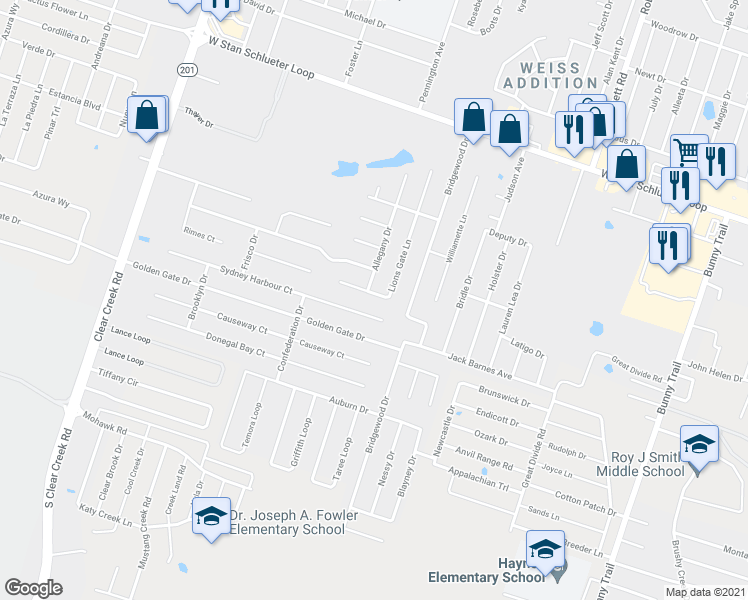 map of restaurants, bars, coffee shops, grocery stores, and more near 5314 Allegany Drive in Killeen
