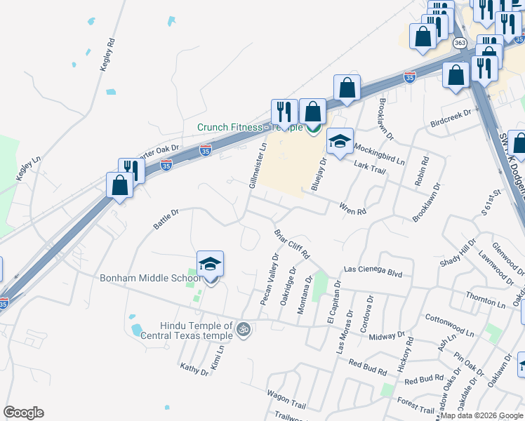 map of restaurants, bars, coffee shops, grocery stores, and more near 4421 Briarwood Drive in Temple