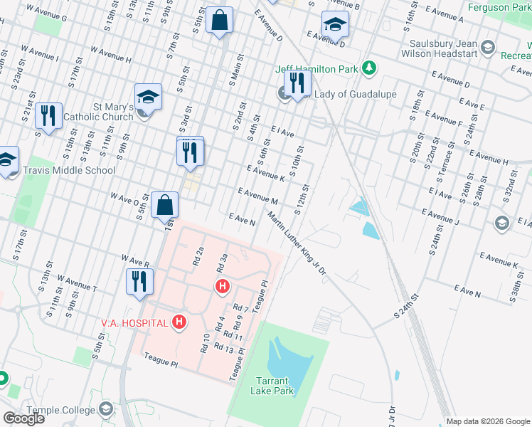 map of restaurants, bars, coffee shops, grocery stores, and more near 1204 Martin Luther King Junior Drive in Temple