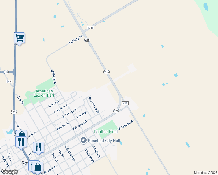 map of restaurants, bars, coffee shops, grocery stores, and more near 175 Loop 265 in Rosebud