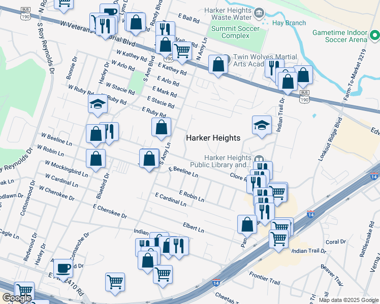 map of restaurants, bars, coffee shops, grocery stores, and more near 417 Brittney Way in Harker Heights