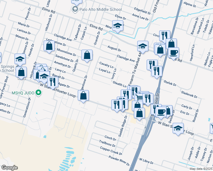 map of restaurants, bars, coffee shops, grocery stores, and more near 1200 Vanguard Lane in Killeen