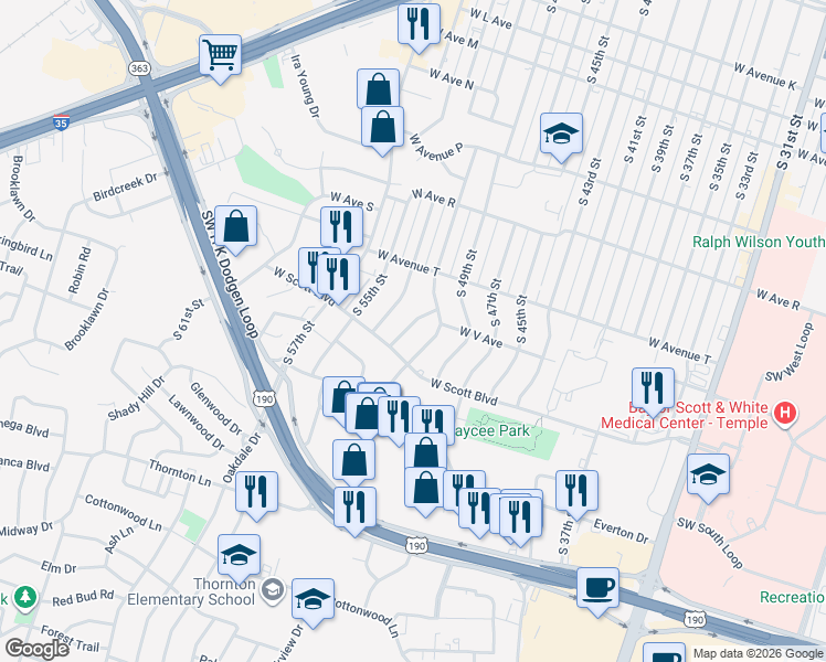 map of restaurants, bars, coffee shops, grocery stores, and more near 2114 South 51st Terrace Street in Temple