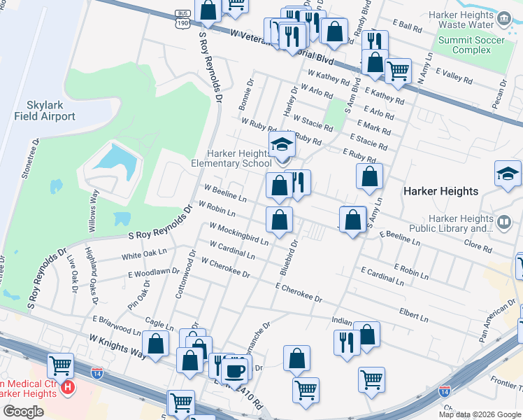 map of restaurants, bars, coffee shops, grocery stores, and more near 901 Harley Drive in Harker Heights