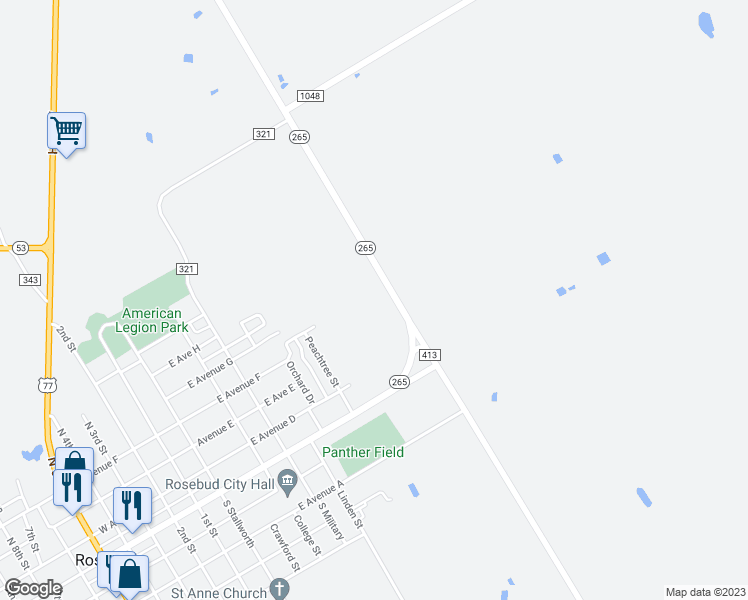map of restaurants, bars, coffee shops, grocery stores, and more near 175 Loop 265 in Rosebud