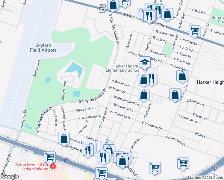map of restaurants, bars, coffee shops, grocery stores, and more near 221 West Robin Lane in Harker Heights