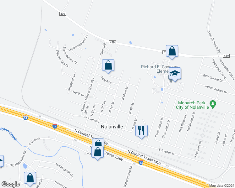 map of restaurants, bars, coffee shops, grocery stores, and more near 602 North 1st Street in Nolanville