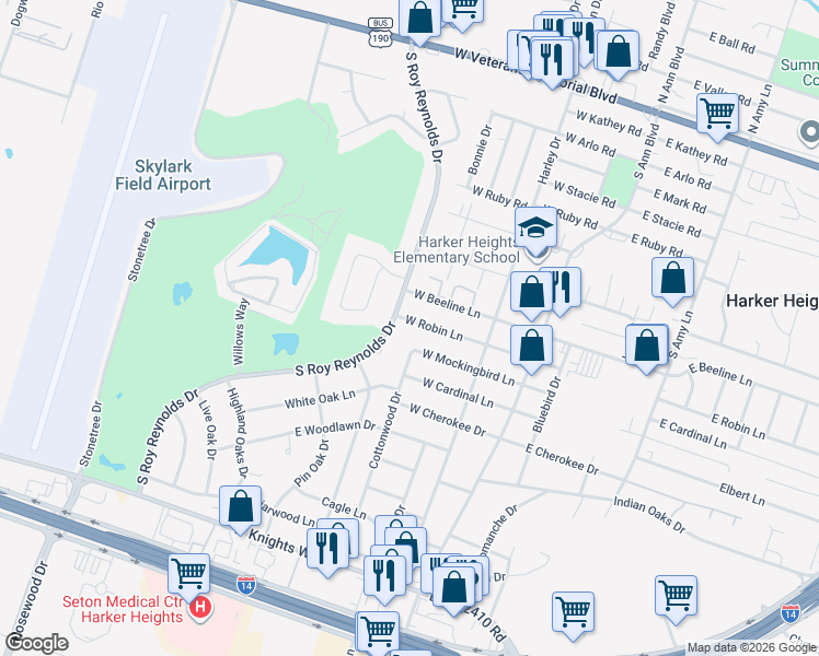 map of restaurants, bars, coffee shops, grocery stores, and more near 223 East Robin Lane in Harker Heights