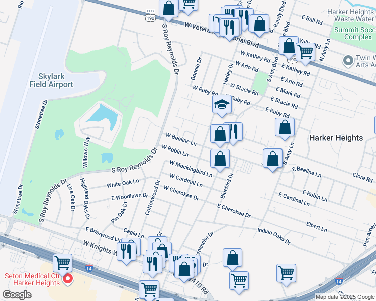 map of restaurants, bars, coffee shops, grocery stores, and more near 212 West Beeline Lane in Harker Heights