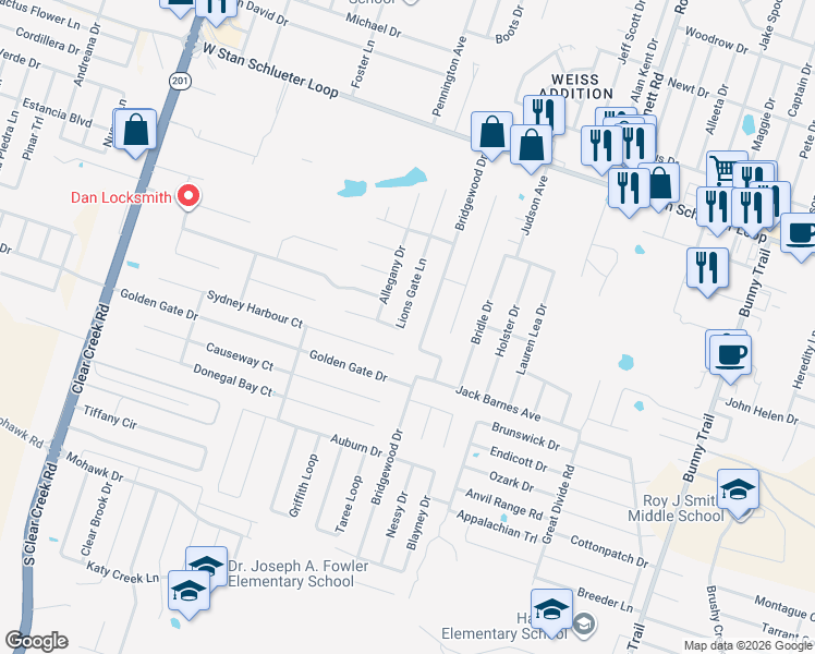 map of restaurants, bars, coffee shops, grocery stores, and more near 5307 Bridgewood Drive in Killeen