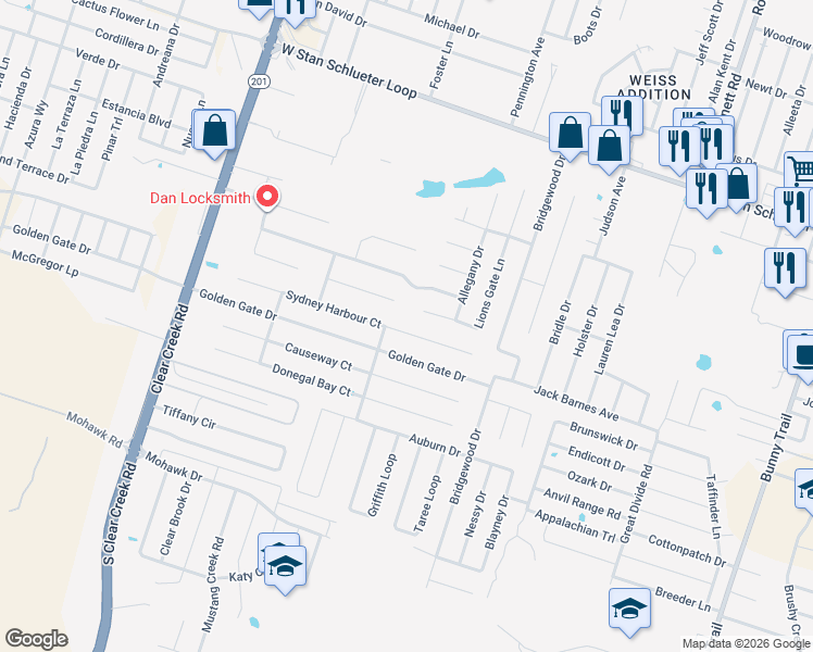 map of restaurants, bars, coffee shops, grocery stores, and more near 4705 Sydney Harbour Court in Killeen