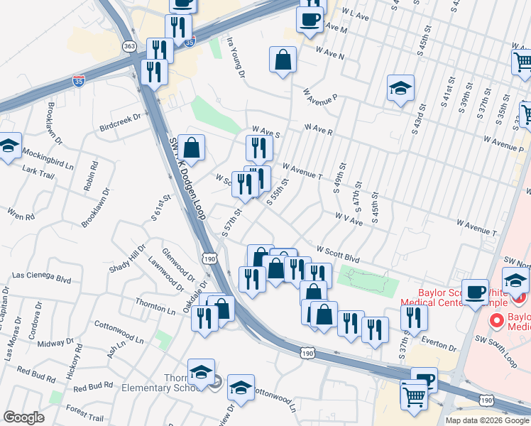 map of restaurants, bars, coffee shops, grocery stores, and more near 2301 South 55th Street Terrace in Temple