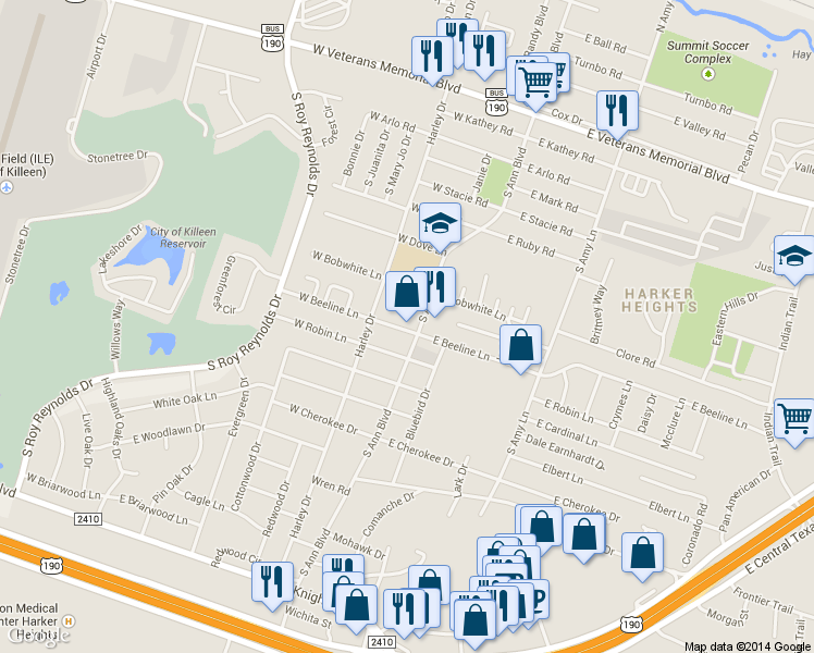 map of restaurants, bars, coffee shops, grocery stores, and more near 808 South Ann Boulevard in Harker Heights