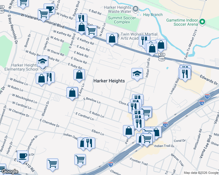 map of restaurants, bars, coffee shops, grocery stores, and more near in Harker Heights