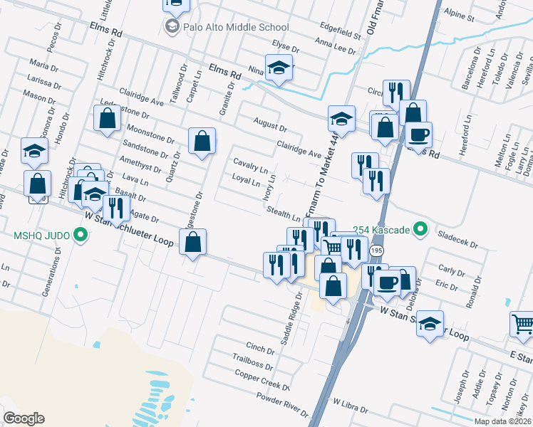 map of restaurants, bars, coffee shops, grocery stores, and more near 1200 Vanguard Lane in Killeen