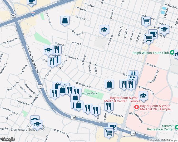 map of restaurants, bars, coffee shops, grocery stores, and more near 2014 South 47th Street in Temple