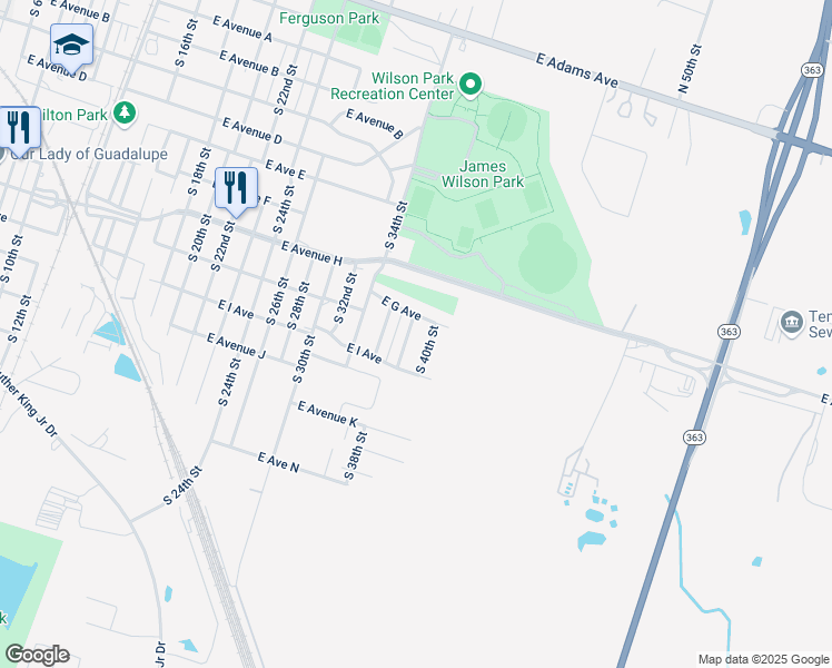 map of restaurants, bars, coffee shops, grocery stores, and more near 801 South 38th Street in Temple