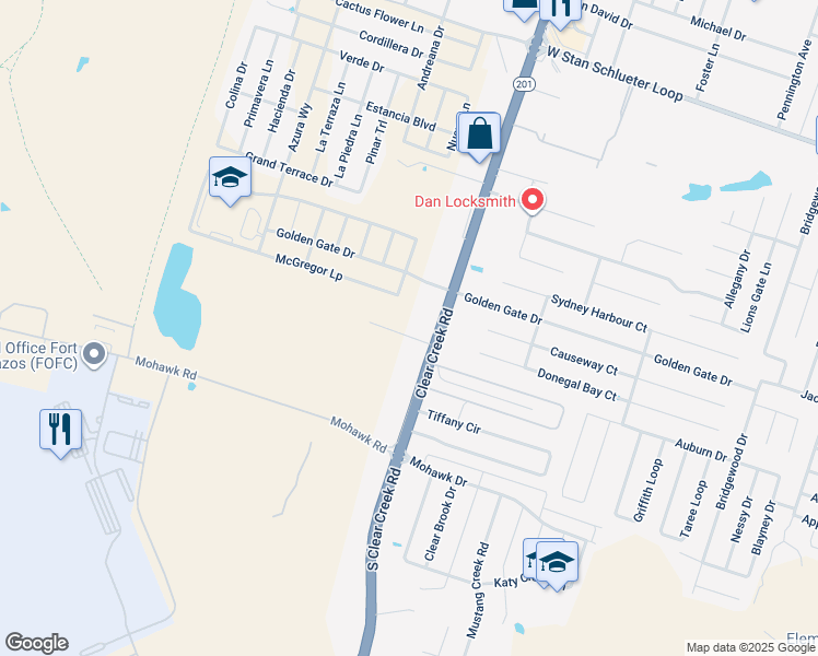 map of restaurants, bars, coffee shops, grocery stores, and more near 5803 Clear Creek Road in Killeen