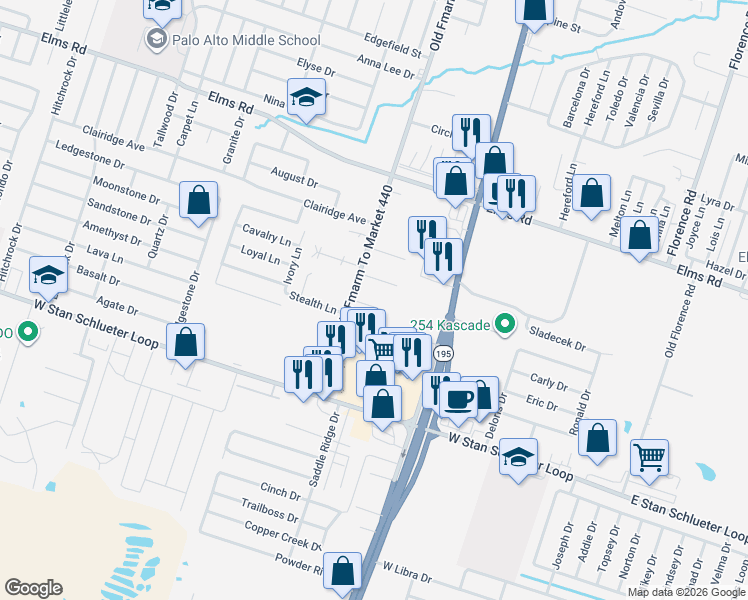 map of restaurants, bars, coffee shops, grocery stores, and more near 1102 Leslie Circle in Killeen