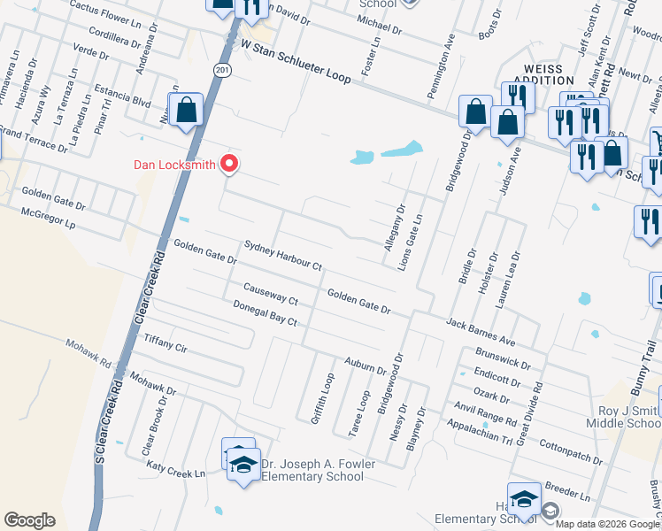 map of restaurants, bars, coffee shops, grocery stores, and more near 4801 Sydney Harbour Court in Killeen