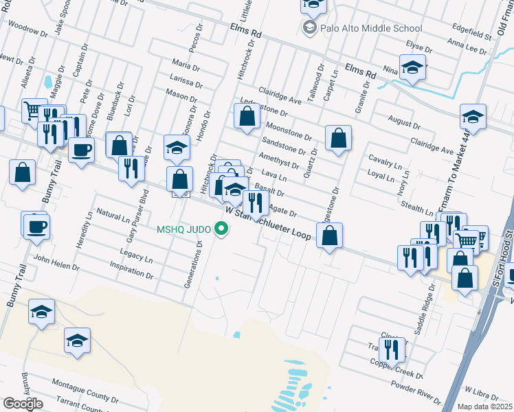 map of restaurants, bars, coffee shops, grocery stores, and more near 2200 Agate Drive in Killeen