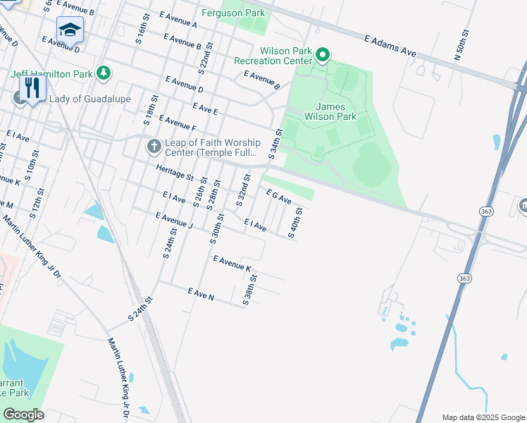map of restaurants, bars, coffee shops, grocery stores, and more near 804 South 36th Street in Temple