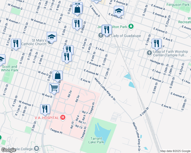 map of restaurants, bars, coffee shops, grocery stores, and more near 1202 South 10th Street in Temple